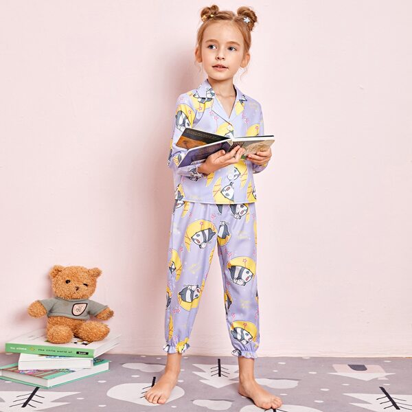 

Toddler Girls Lapel Neck Cartoon Graphic PJ Set, Lilac purple