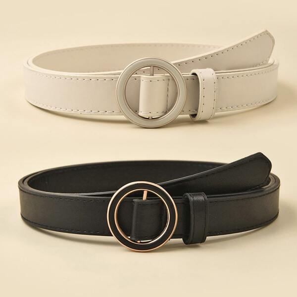 

2pcs Round Buckle PU Belt, Black and white