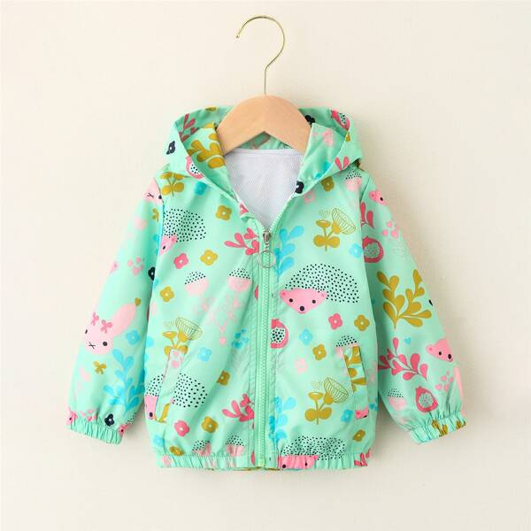 

Toddler Girls Cartoon Graphic Zip Up Hooded Windbreaker Jacket, Mint green