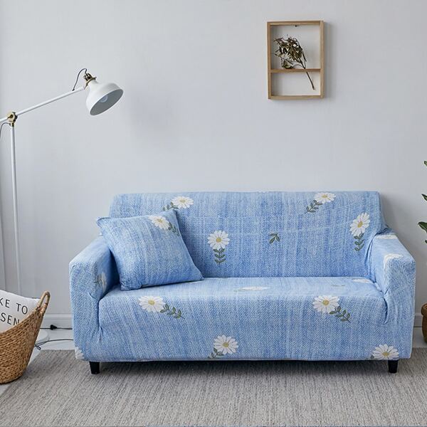 

Flower Print Sofa Cover Without Cushion, Baby blue