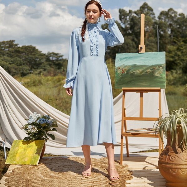 

Jabot Collar Flounce Sleeve Solid Dress, Baby blue