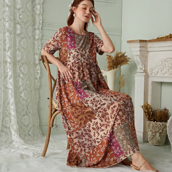 

Plants Print Patchwork Maxi Smock Dress, Multicolor