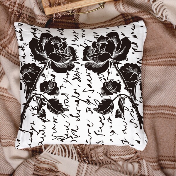 

Rose Print Cushion Cover Without Filler, Black and white