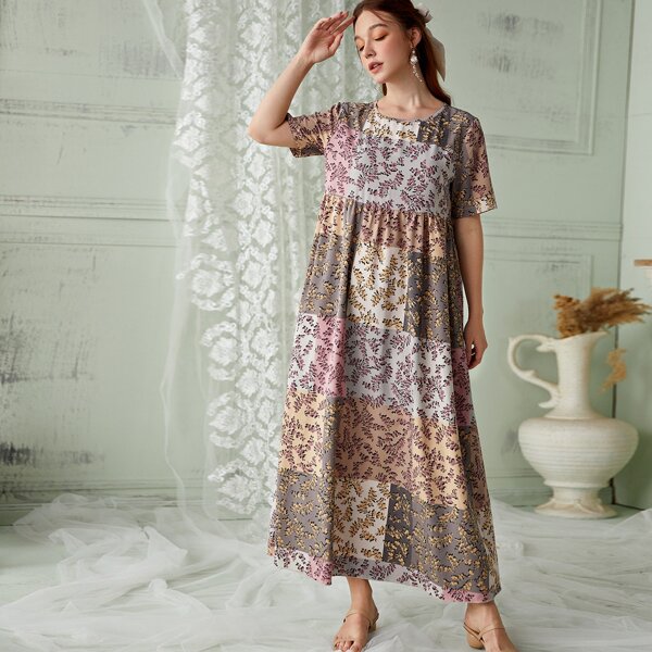 

Plants Print Patchwork Maxi Smock Dress, Multicolor