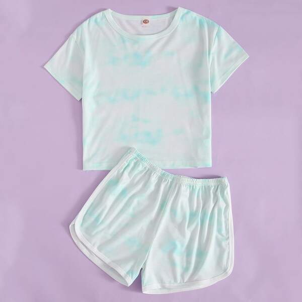 

Girls Tie Dye Tee With Dolphin Shorts PJ Set, Blue and white