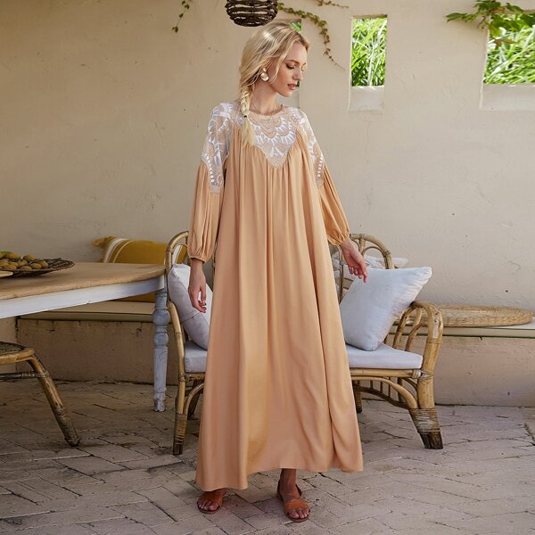 

Embroidered Mesh Bishop Sleeve Dress, Apricot