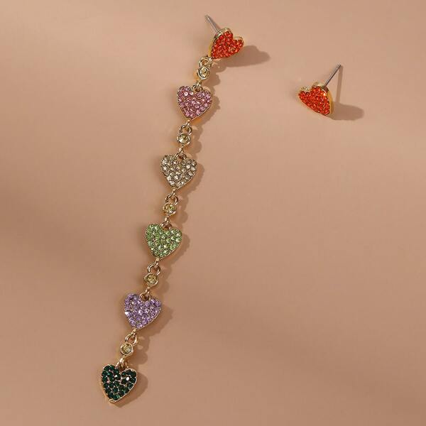 

Rhinestone Engraved Heart Mismatched Earrings, Multicolor