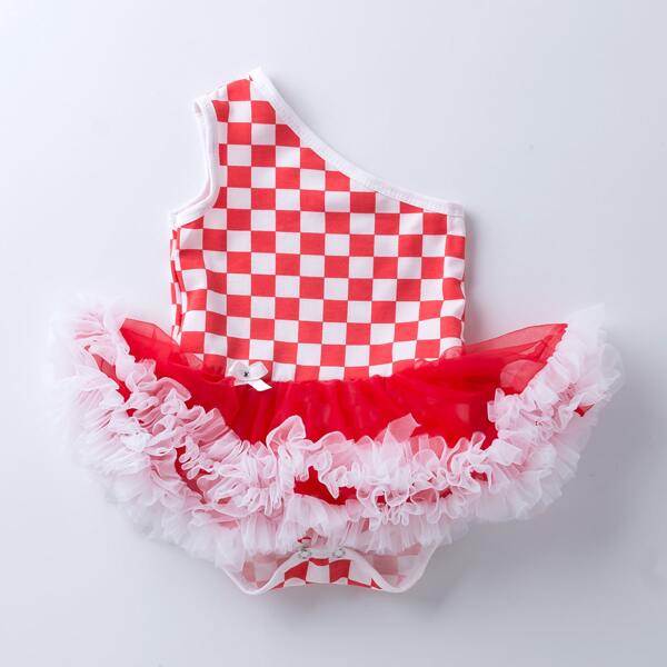 

Baby Girl One Shoulder Checker Print Mesh Panel Bodysuit, Red and white