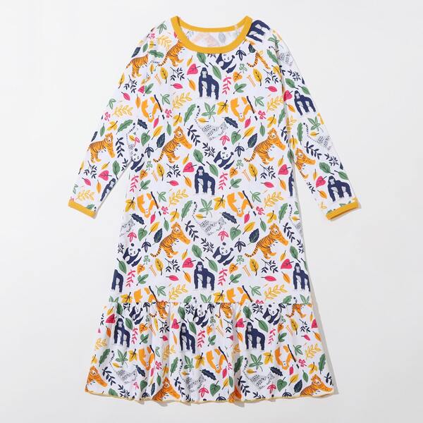

Girls Cartoon Graphic Contrast Binding Nightdress, Multicolor