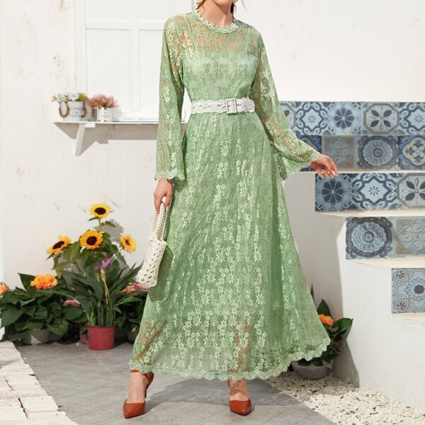 

Contrast Lace Trim A-line Dress, Mint green