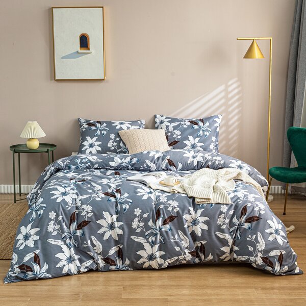 

Floral Print Bedding Set Without Filler, Grey