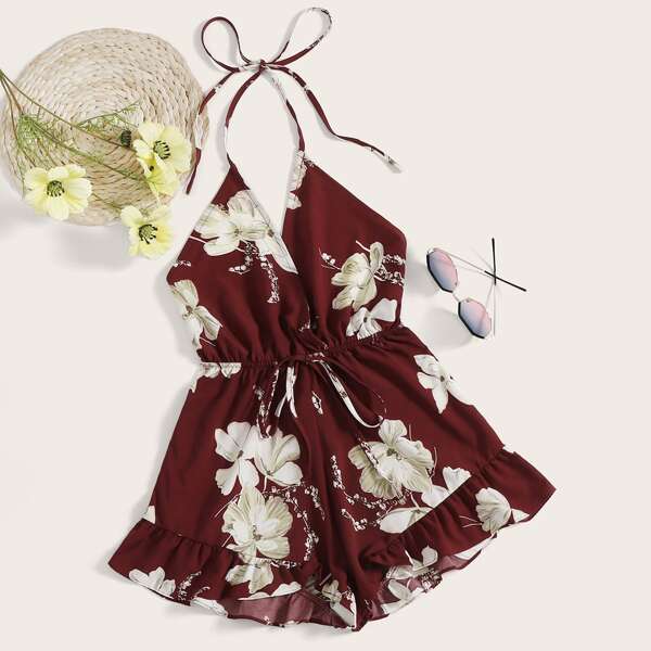 

Plus Floral Halter Backless Ruffle Hem Romper, Burgundy