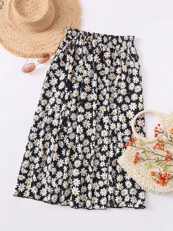 SHEIN LUNE Plus Daisy Floral Midi Flared Skirt