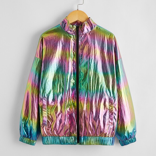 

Girls Mock Neck Drop Shoulder Colorful Wind Jacket, Multicolor