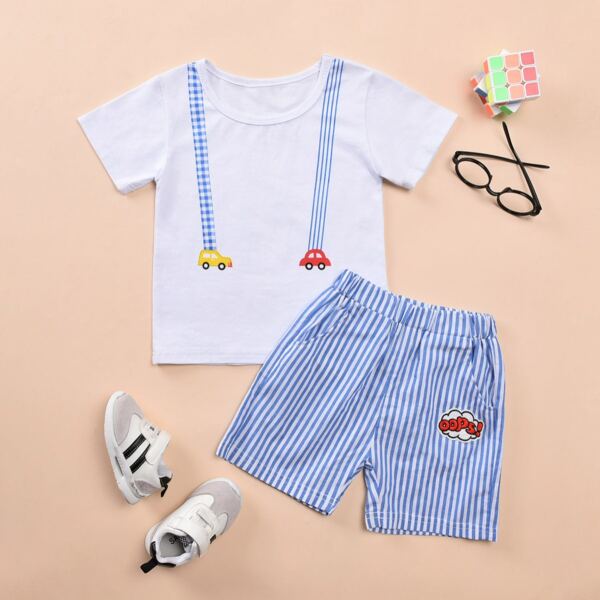 

Toddler Boys Cartoon Graphic Tee & Striped Shorts, Blue and white