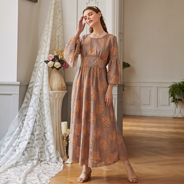 

Floral Lace Flounce Sleeve Dress, Mocha brown