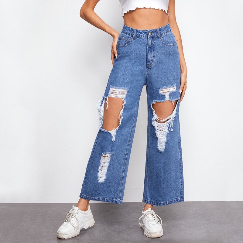 

High Waist Ripped Wide Leg Jeans, Medium wash