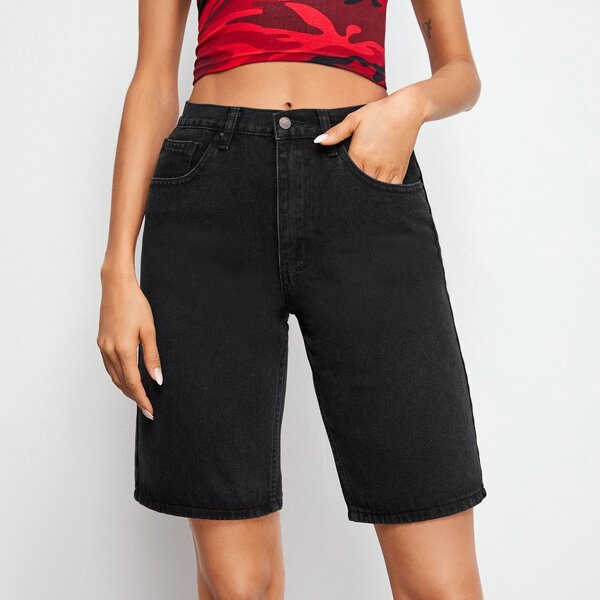 

Slant Pocket Denim Shorts, Black