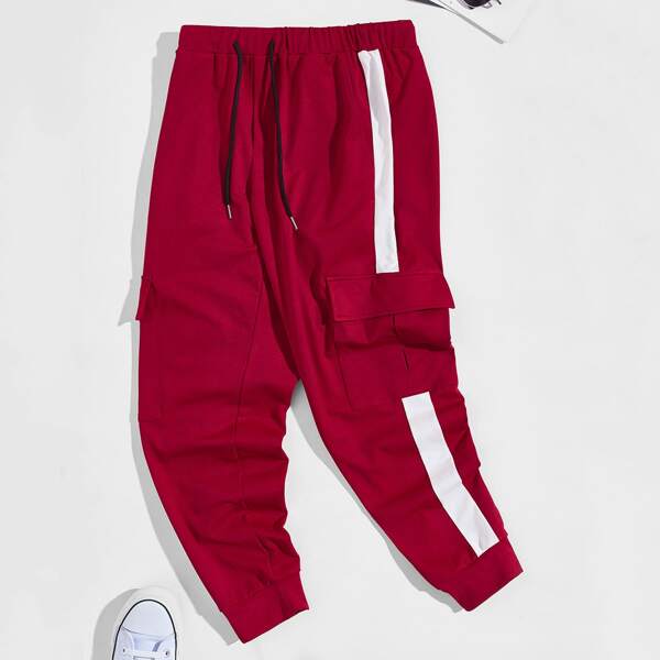 

Men Drawstring Waist Striped Side Flap Pocket Joggers, Burgundy