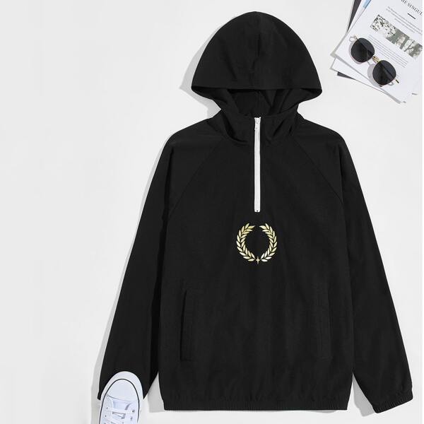 

Men Graphic Print Raglan Sleeve Half Zipper Placket Jacket, Black