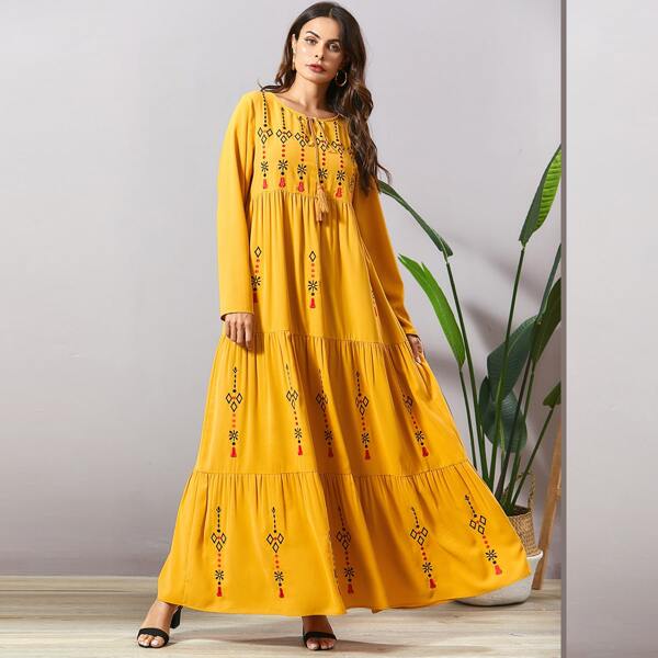 

Tribal Print Tie Neck Smock Dress, Mustard yellow