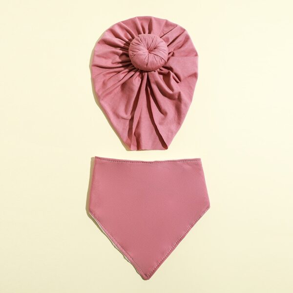 

2pcs Toddler Girls Plain Turban Hat & Saliva Towel, Dusty pink