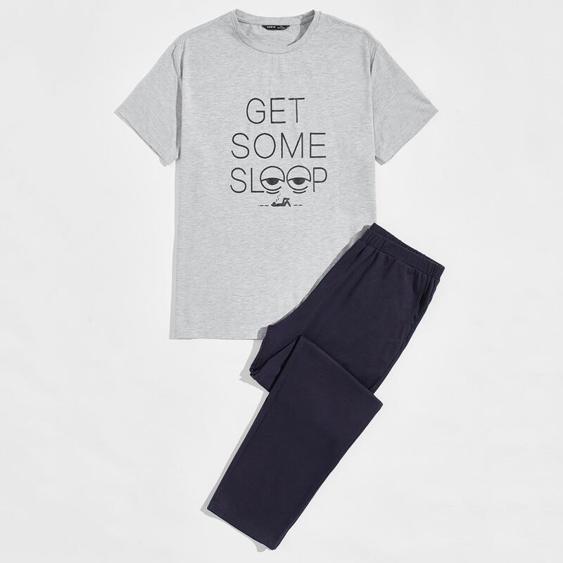 

Guys Slogan Graphic Top & Pants PJ Set, Multicolor