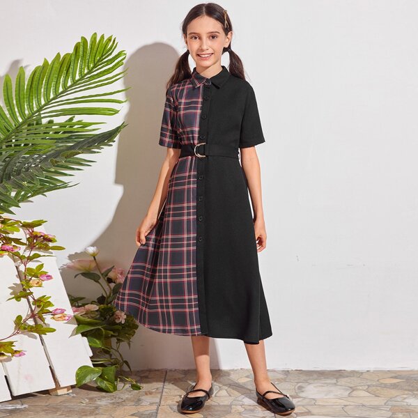 

Girls Plaid Buckle Belted Shirt Dress, Multicolor