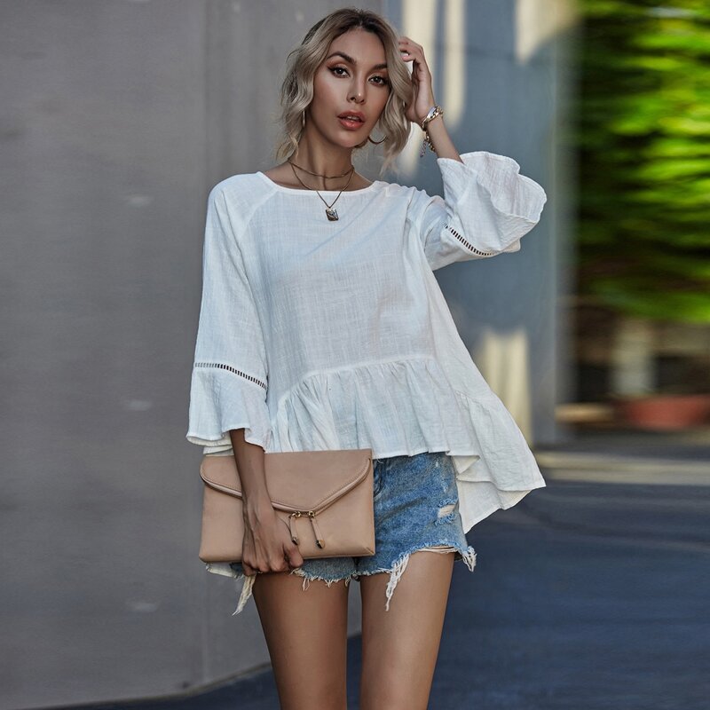 

Solid Hollow Out High Low Babydoll Blouse, White