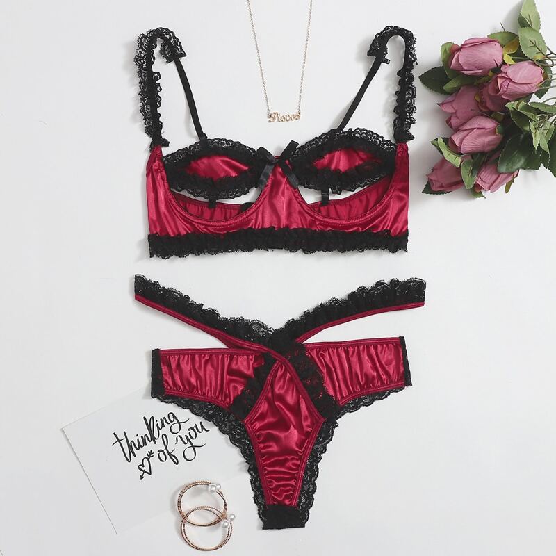 

Cut-out Lace Trim Satin Lingerie Set, Burgundy