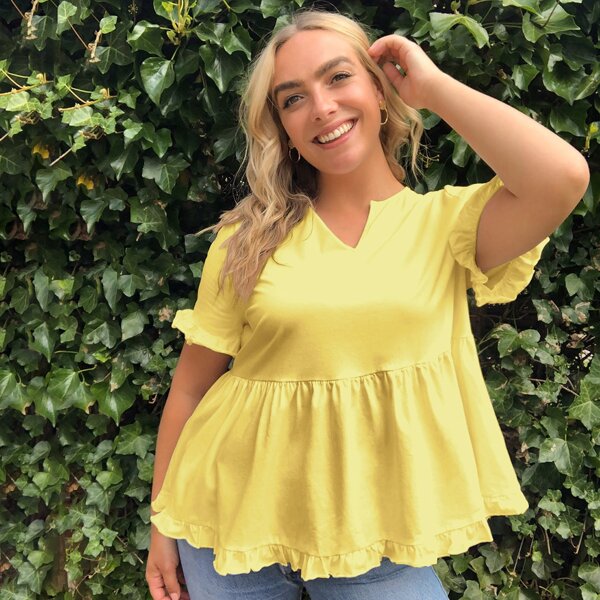

Plus Notched Neck Ruffle Trim Solid Top, Bright yellow