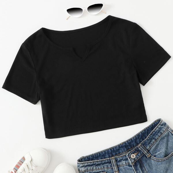 

Plus Notch Neck Rib-knit Crop Tee, Black