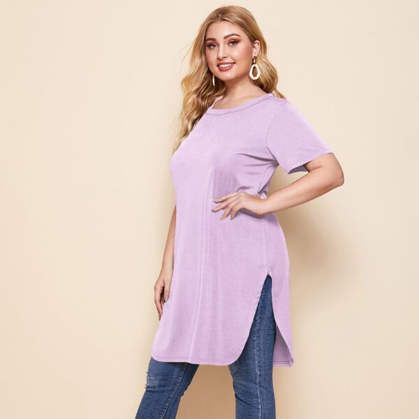 

Plus Solid Curved Hem Long Tee, Lilac purple