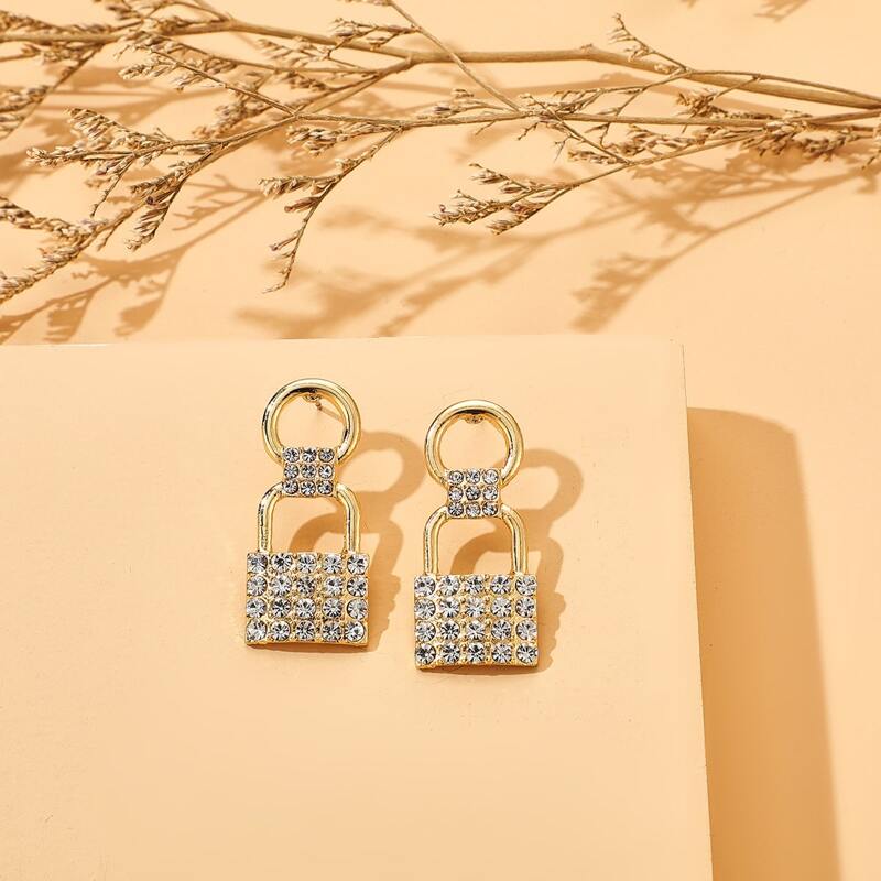 

Rhinestone Lock Stud Earrings, Gold