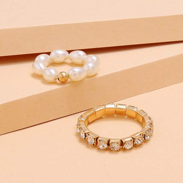 

2pcs Faux Pearl Beaded Ring, Multicolor