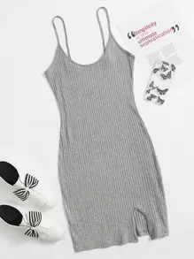 SHEIN EZwear Vestido ajustado tejido de canalé bajo con abertura