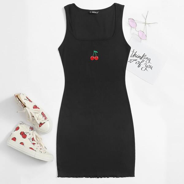

Cherry Embroidered Square Neck Lettuce Edge Bodycon Dress, Black
