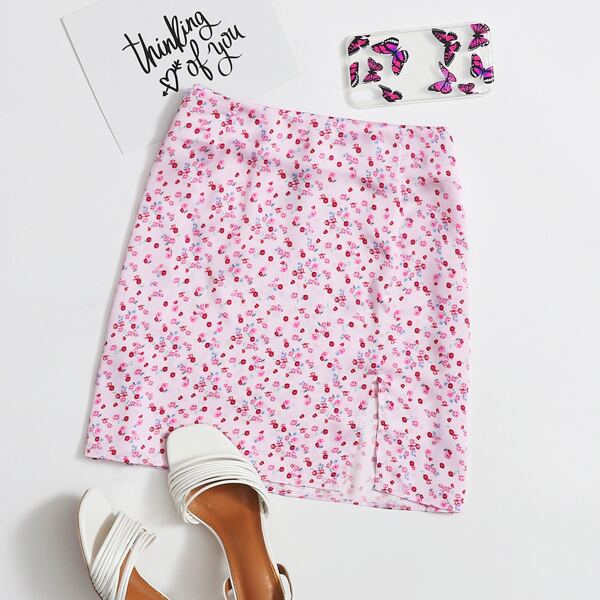 

Ditsy Floral Split Hem Skirt, Baby pink