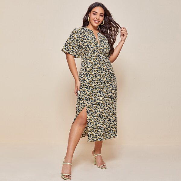 

Plus Ditsy Floral Backless Split A-line Dress, Multicolor