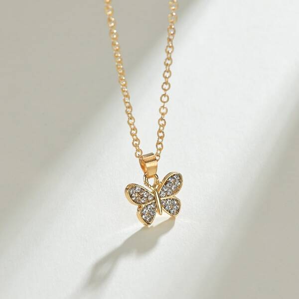 

Rhinestone Butterfly Charm Necklace, Gold