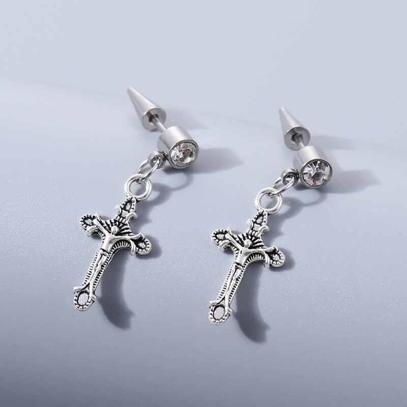 

Guys Cross Drop Earrings, Silver