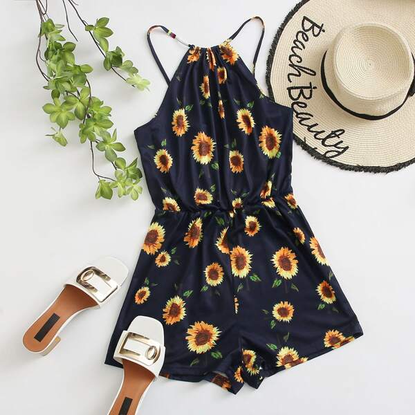 

Sunflower Print Cami Romper, Navy blue