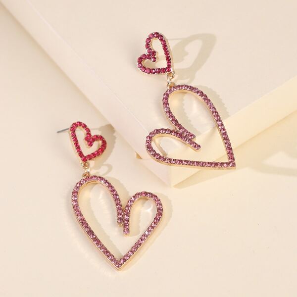 

Rhinestone Decor Heart Drop Earrings, Hot pink