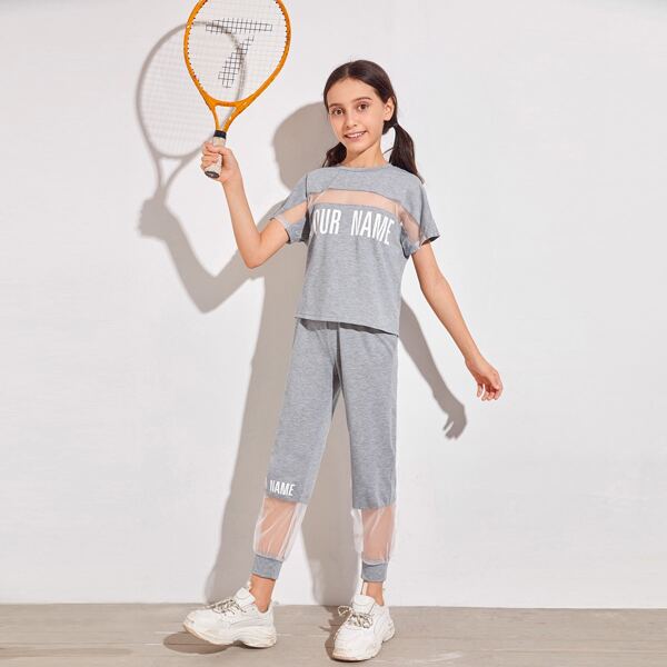 

Girls Mesh Insert Letter Graphic Top & Sweatpants Set, Grey