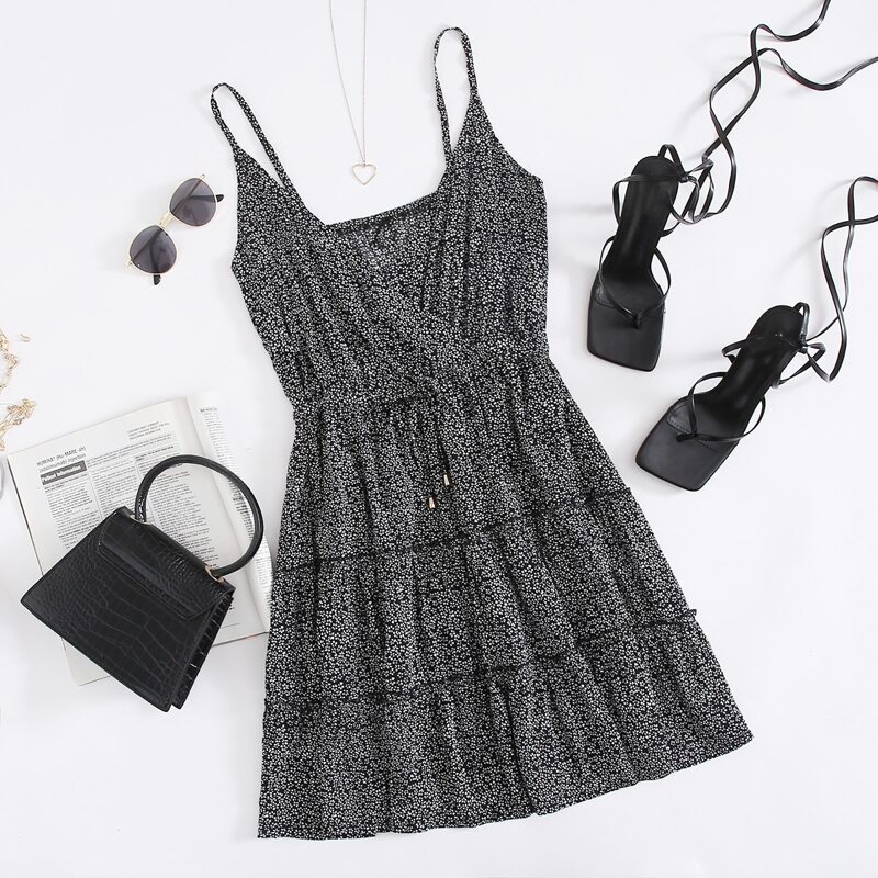 

All Over Print Drawstring Cami Dress, Black