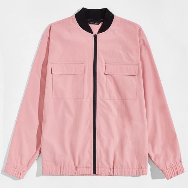 

Men Zipper Front Flap Pocket Jacket, Pink