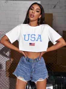 Muchica Letter & American Flag Crop Tee - White - View 1