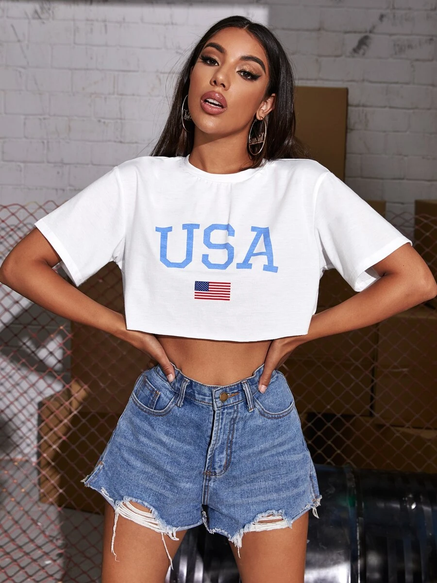 Muchica Letter & American Flag Crop Tee - White - View 1