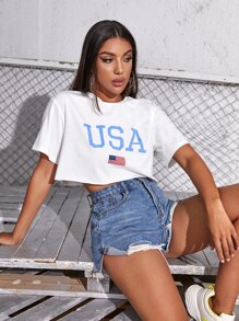 Muchica Letter & American Flag Crop Tee - White - View 4