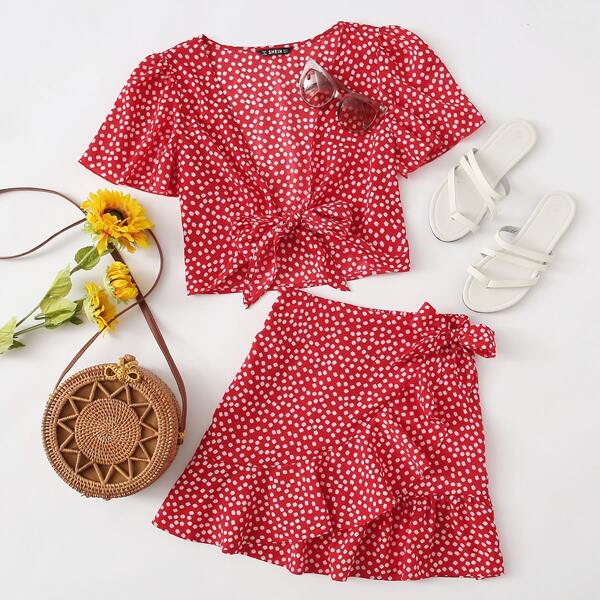 

Ditsy Floral Tie Front Top & Wrap Ruffle Hem Skirt Set, Red